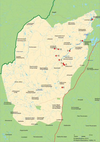 Lemmenjoen kansallispuiston kartta, johon on merkitty Kaapin Jounin jutamaiden 12 nähtävyyttä.