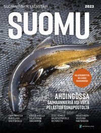 Kuva Suomu-nimisen kalastuslehden kannesta, jossa näkyy nieriä haavissa.